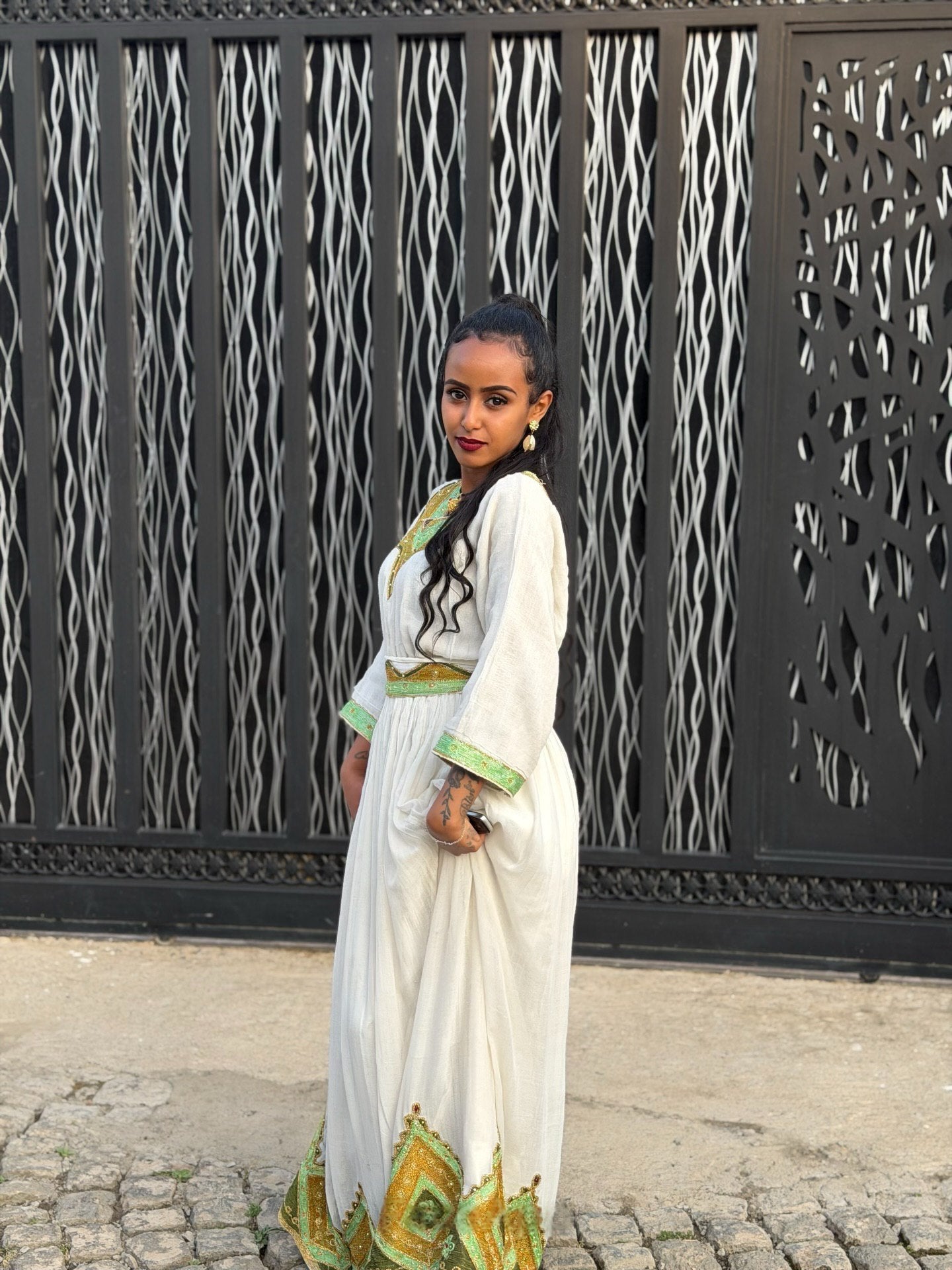 Green and Gold Habesha Kemis Ethiopian Traditional Dress Stylish Habesha Dress For Festive  589