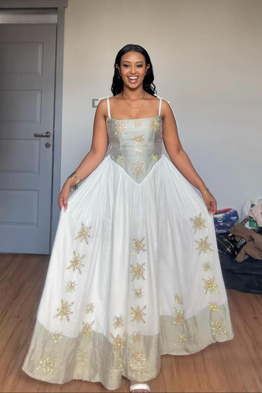 Sleeveless Habesha Dress with Gold Embroidery