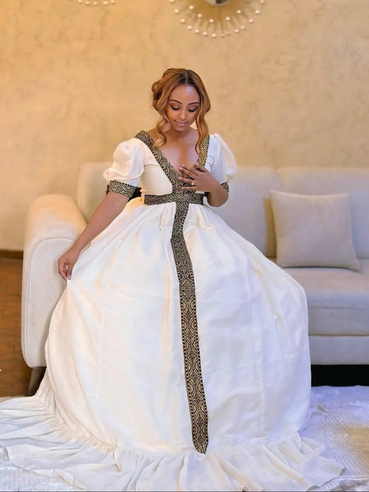 Short Sleeve Ethiopian Clothing Black Embroidery Habesha Dress V-neckline Habesha Kemis 604