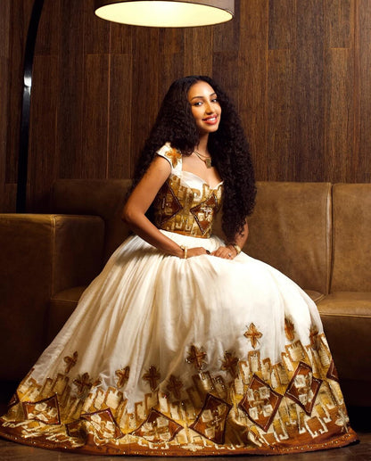 Graceful Habesha Kemis Traditional Ethiopian Wedding Dress Short Sleeve Habesha Dress 615