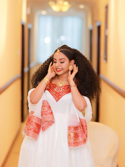 Traditional Ethiopian Wedding Dress Habesha Kemis with Red Woven Embroidery Handmade Habesha Dress 621