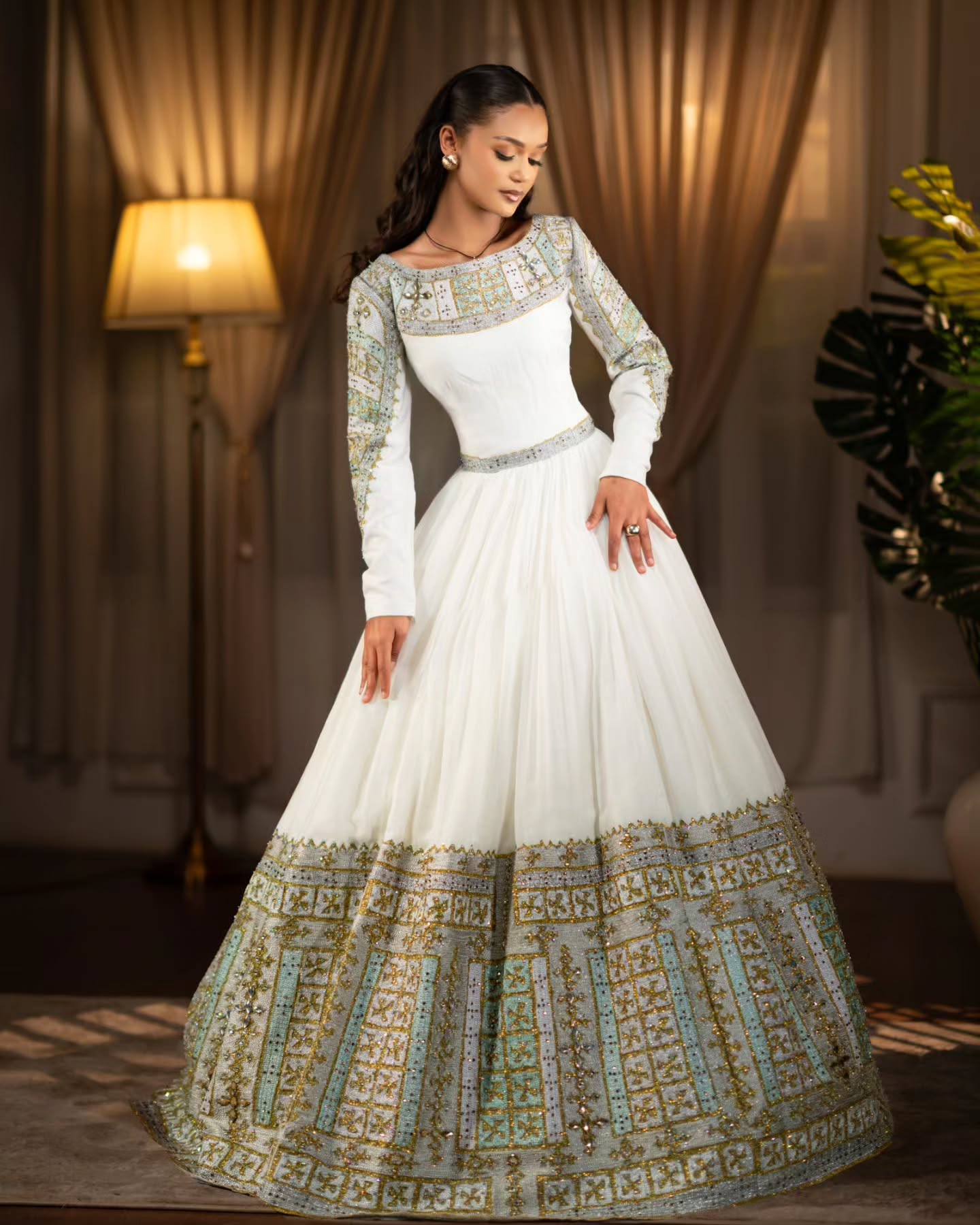 Long Sleeve Habesha Kemis Traditional Ethiopian Wedding Dress Gold And Mint Habesha Dress 643