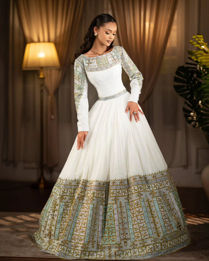 Long Sleeve Habesha Kemis Traditional Ethiopian Wedding Dress Gold And Mint Habesha Dress 643