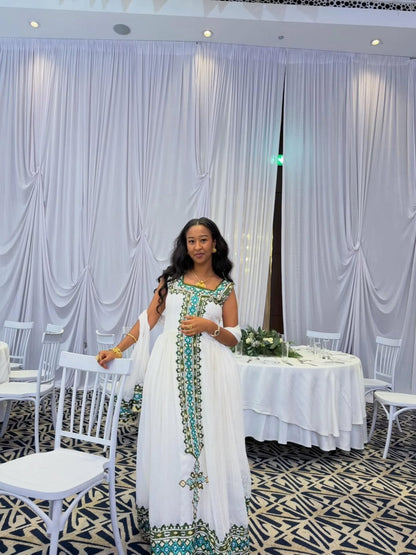 Sleeveless Ethiopian Clothing Habesha Dress with Green and Blue Embroidery Stylish Habesha Kemis 647