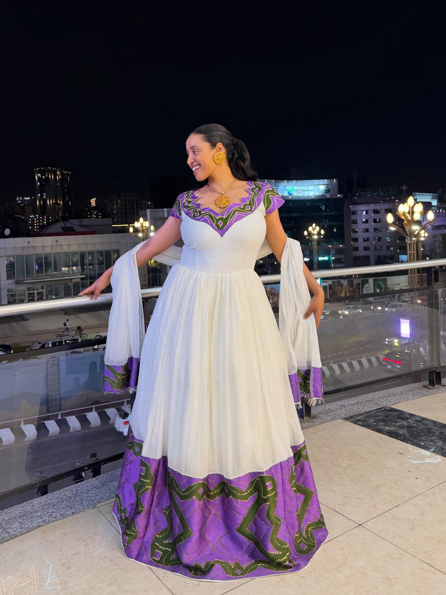 Short Sleeve Habesha Dress Habesha Kemis With Purple Woven Graceful Ethiopian Dress 650