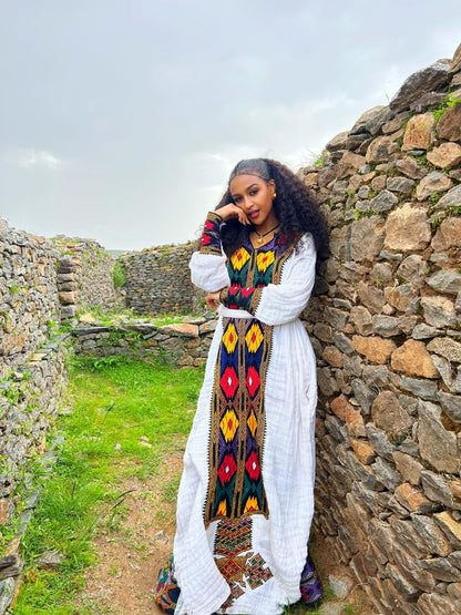 Long Sleeve Habesha Dress Multicolor Woven Habesha Kemis Traditional Ethiopian Dress Style 654