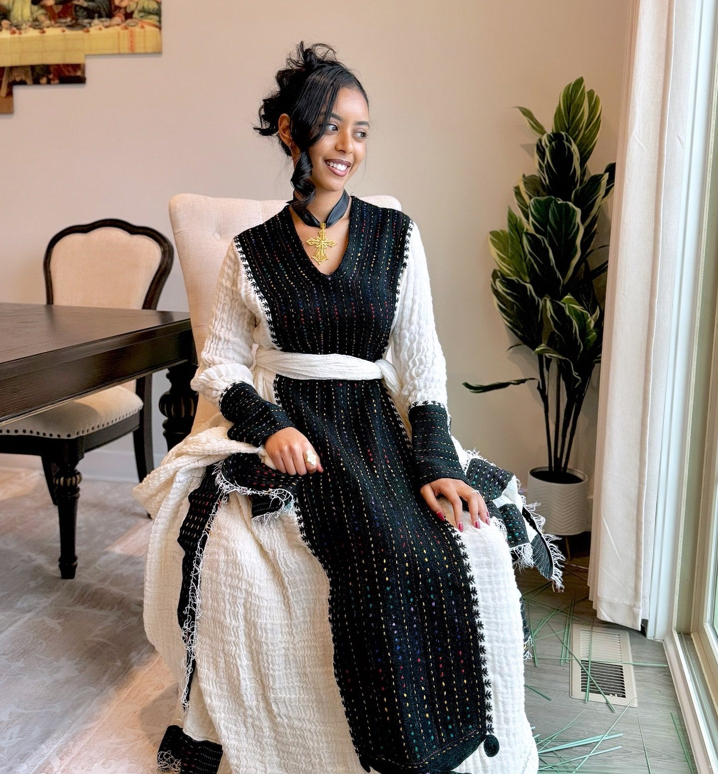 Long Sleeve Habesha Dress Black Embroidery Ethiopian & Eritrean Dress Graceful Habesha Kemis 661