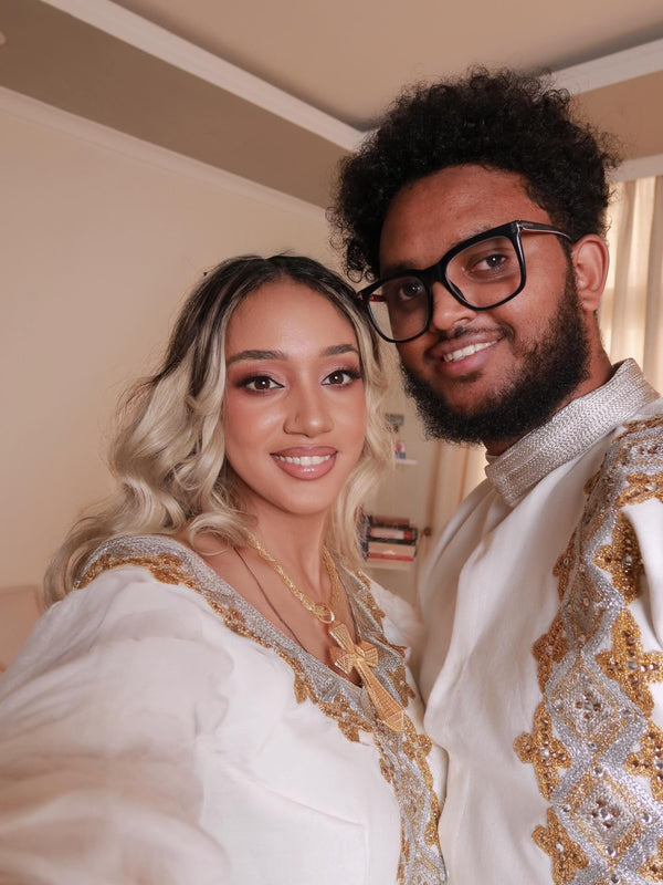 Matching Habesha Couple Outfit Ethiopian Traditional His and Hers White Habesha Matching Set 704