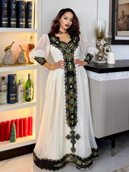 White Habesha Dress with Black Embroidery Long Sleeve Ethiopian Kemis