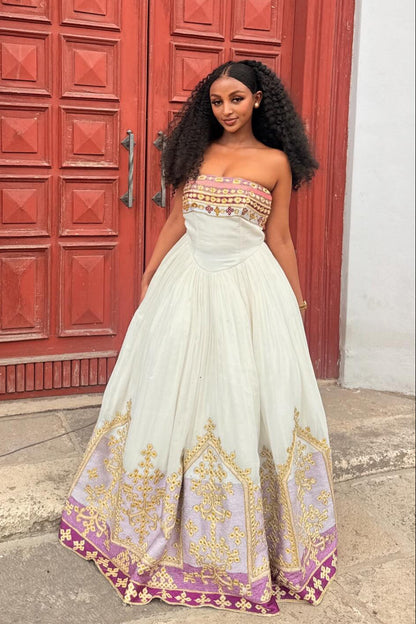 Charming Habesha Dress Strapless Pink Embroidery Habesha Kemis Ethiopian Traditional Wedding Dress 713