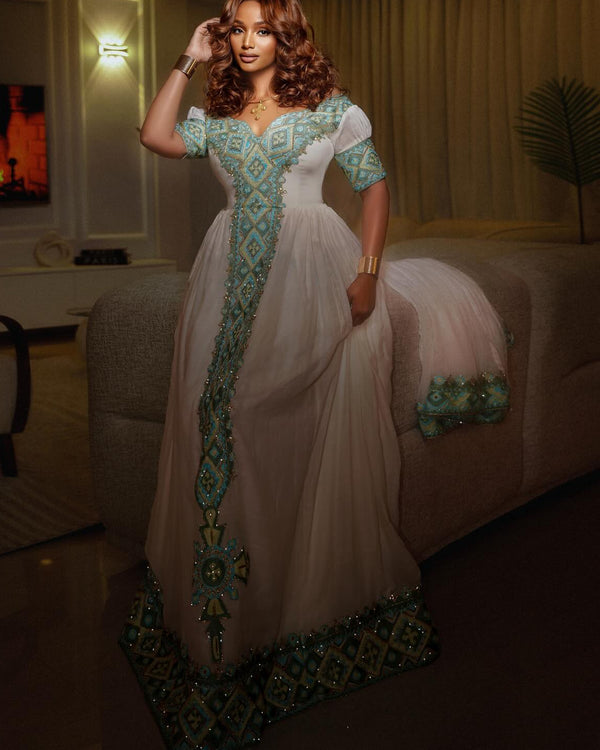Habesha Dress Off Shoulder Teal Embroidery Habesha Kemis Traditional Ethiopian Dress