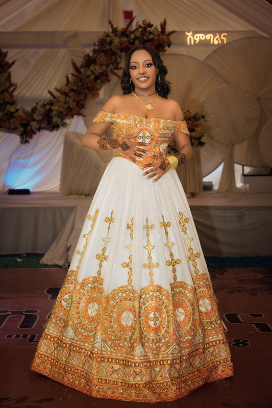 Off-shoulder Habesha Kemis Ethiopian Wedding Dress 