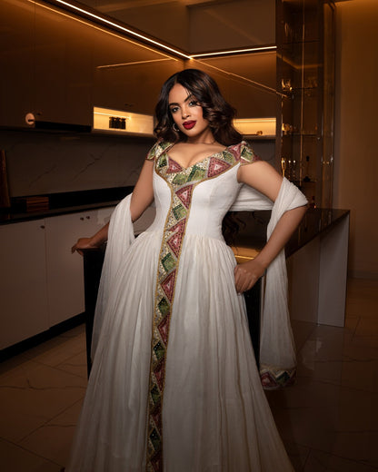 Ethiopian Clothing For Event V-neckline Habesha Kemis  Handwoven Design Habesha Dress 754