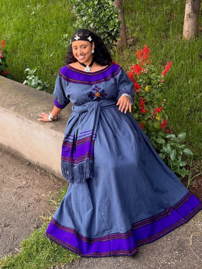 Majestic Indigo Habesha Kemis Royal Purple Tibeb Accents Habesha Dress Distinctive Ethiopian Heritage Detailing 1060