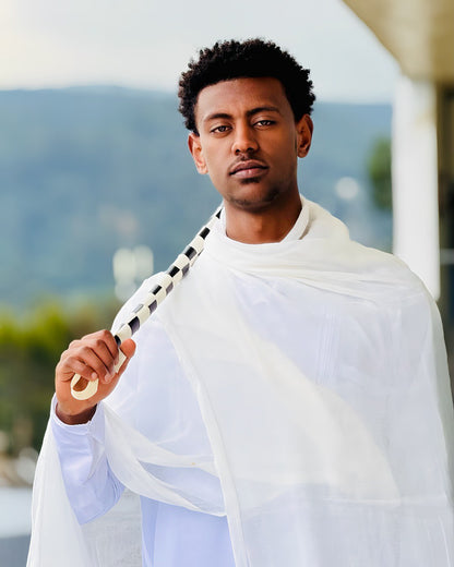 Classic Ethiopian Men’s Traditional Clothing White Outfit with Netela Cultural Men's Outfit Includes Pants and Shoes 0071