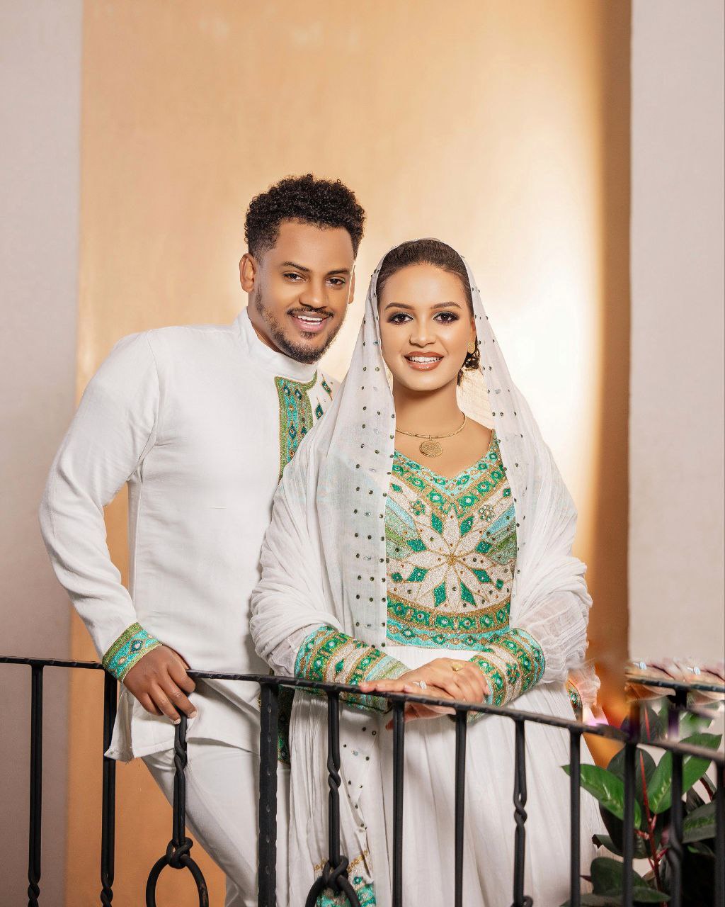Ethiopian Traditional Matching Couple's Outfit Green and Gold Embroidery Matching Set Ethiopian Couple's Wear 0080