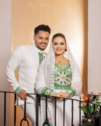 Ethiopian Traditional Matching Couple's Outfit Green and Gold Embroidery Matching Set Ethiopian Couple's Wear 0080