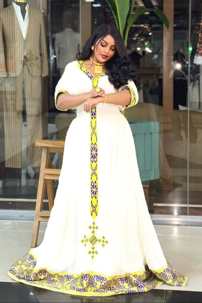 Cultural Ethiopian Dress For Special Celebrations Yellow & Purple Tibeb Habesha Kemis  Soft Handwoven Habesha Dress 0090