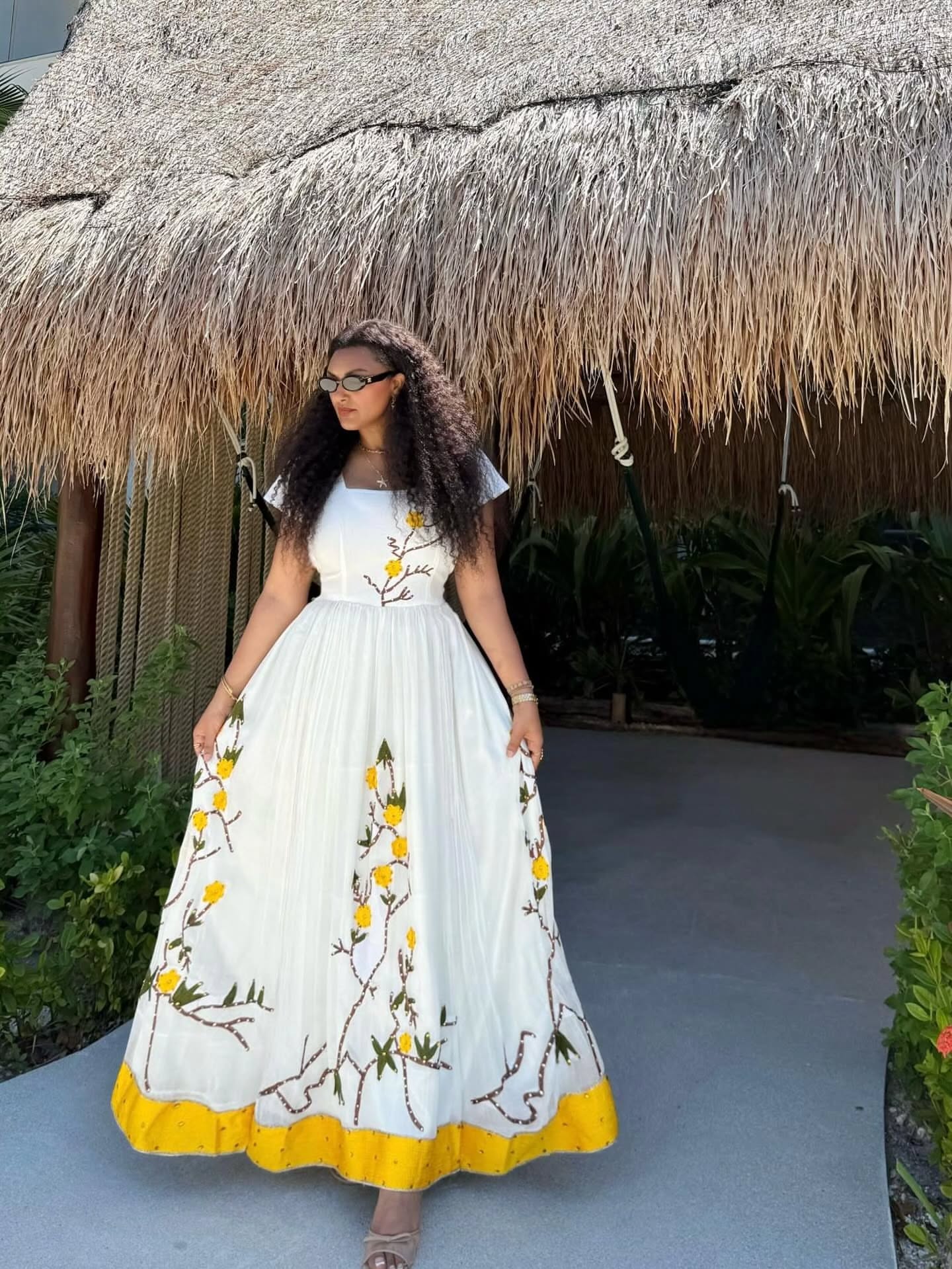 Yellow Floral Habesha Kemis Graceful Ethiopian Traditional Dress  Nature-Inspired Embroidery Habesha Dress 0099