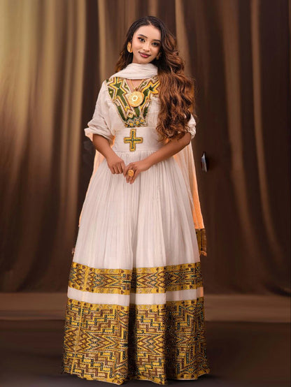 Ethiopian Couple Outfit Habesha Kemis & Matching Men’s Shirt Gold And Green Tibeb Matching Set 107