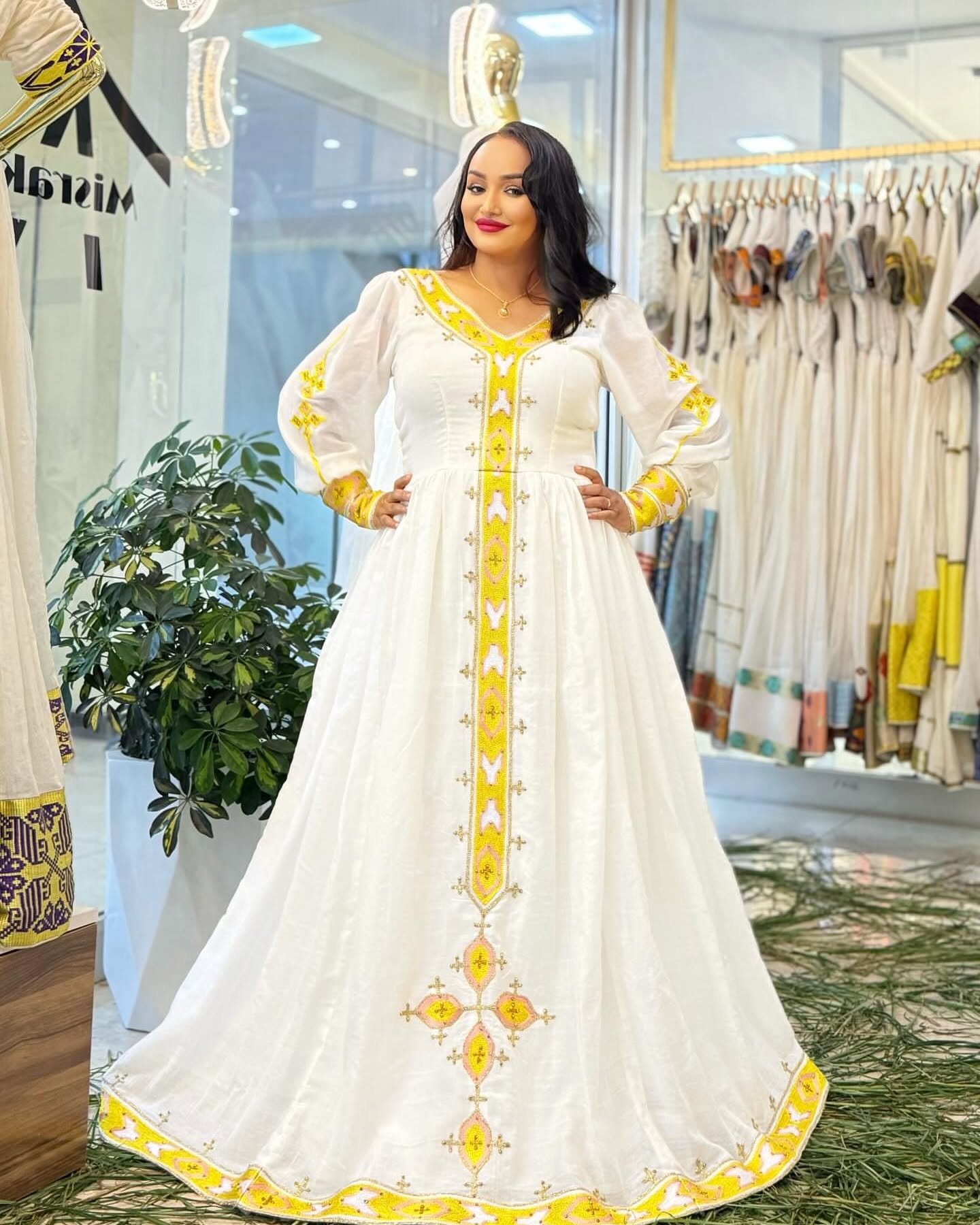 Yellow & White Habesha Kemis – Traditional Ethiopian Dress with Cross Design