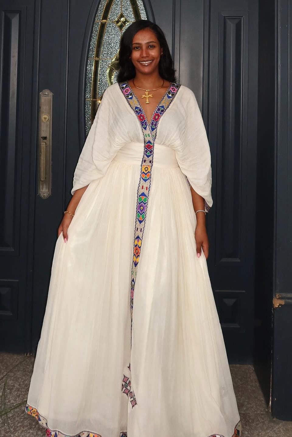 White Habesha Kemis with Colorful Tilet – Ethiopian & Eritrean Dress
