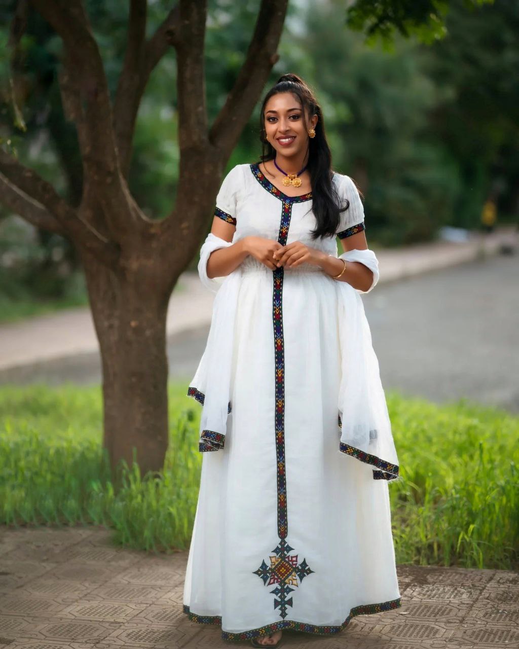 Classic White Habesha Dress Minimalist Multicolor Cross Design Ethiopian Clothing Traditional  Elegance Habesha Kemis 144