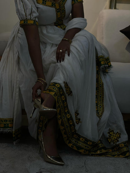 Traditional Ethiopian Dress Yellow Cross Embroidery Habesha Kemis Stunning Habesha Dress For festive 166