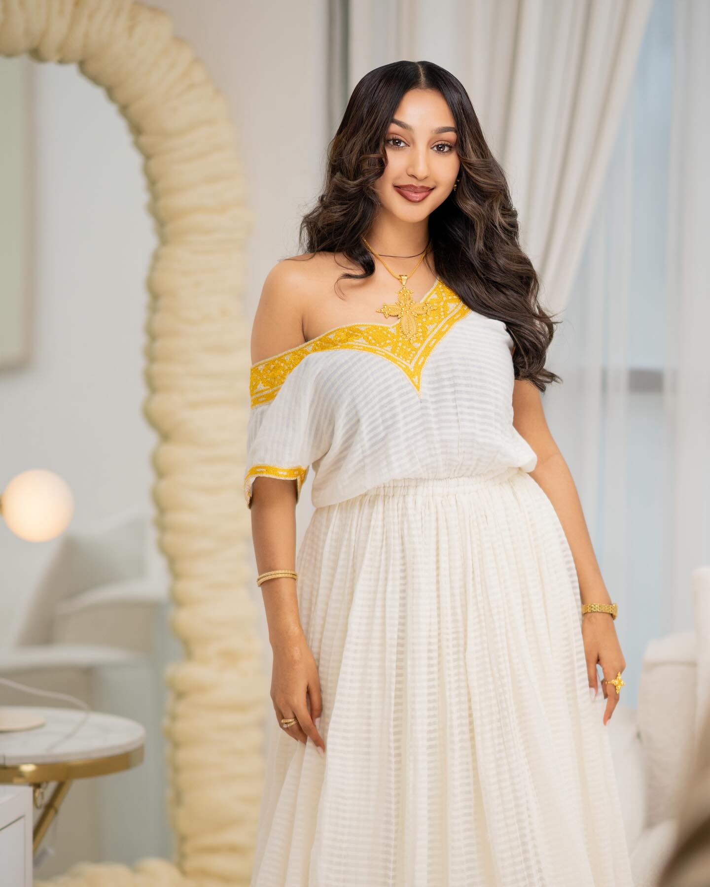Ethiopian Traditional Dress White and Yellow Embroidered Habesha Kemis Simple Habesha Dress 177