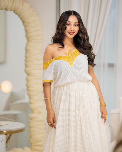 Ethiopian Traditional Dress White and Yellow Embroidered Habesha Kemis Simple Habesha Dress 177