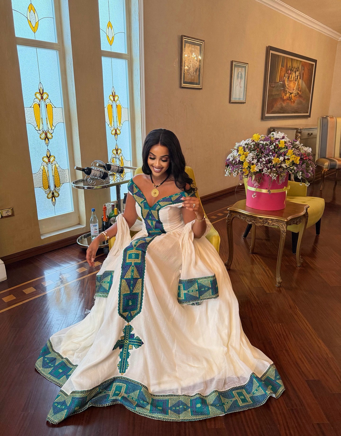 Off Shoulder Ethiopian Clothing Cross Embroidery Habesha Kemis Ethiopian Traditional Habesha Dress 201