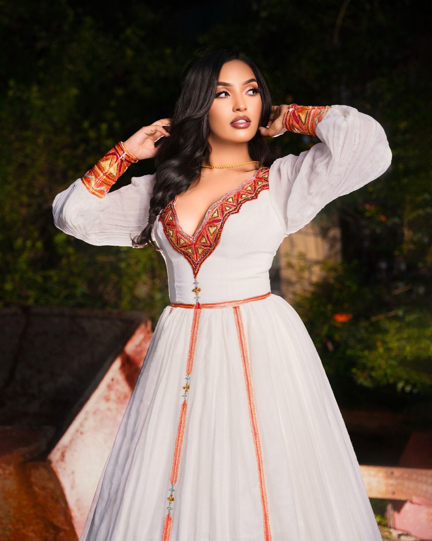 Red and Gold Embroidered Habesha Dress V-Neckline Habesha Kemis Ethiopian Wedding Dress 202
