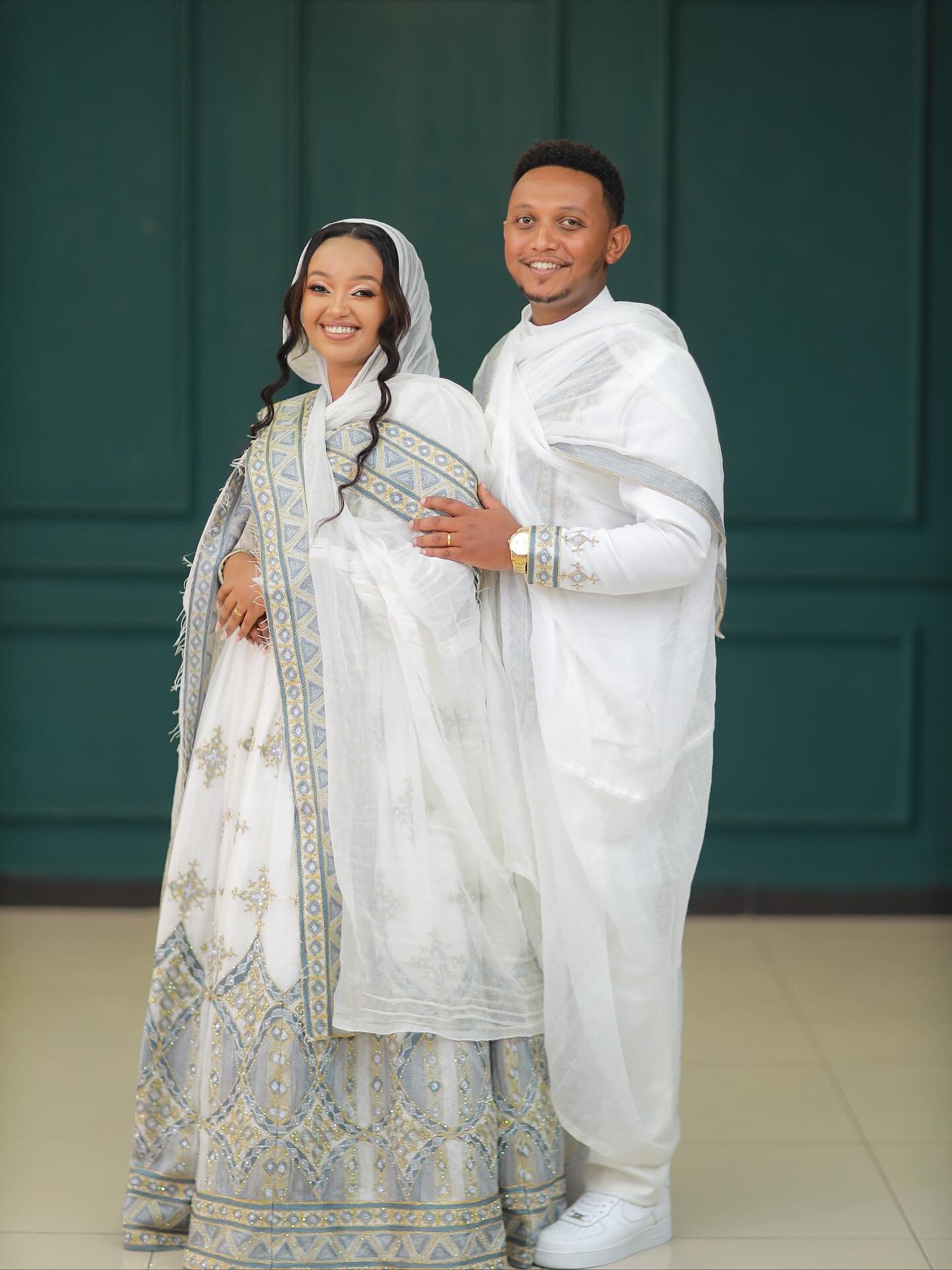 White Habesha Couple Outfit Handwoven Ethiopian & Eritrean Matching Cloth Graceful Couple Set 203