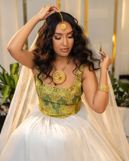 Green & Gold Ethiopian Wedding Dress Traditional Ethiopian Habesha Kemis Sleeveless Habesha Dress 204