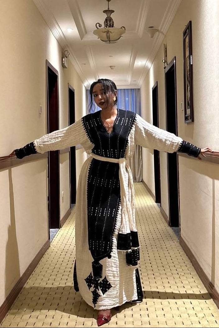 Ethiopian Traditional Dress – Handwoven Habesha Cloth with Intricate Multicolor Embroidery