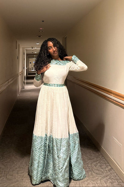 Stylish Habesha Dress White and Mint Ethiopian Traditional Clothing