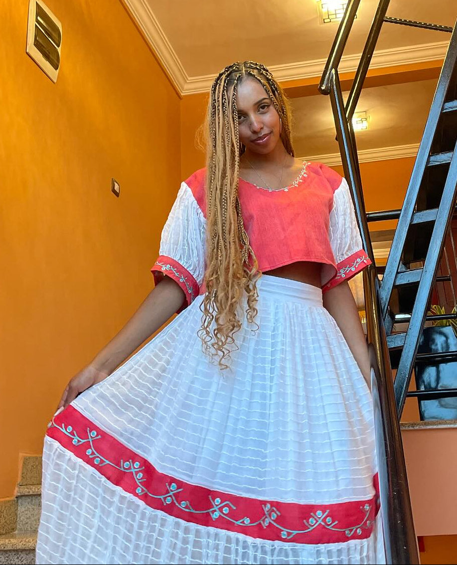 Habesha Dress Ethiopian Traditional White & Red Cultural Kemis