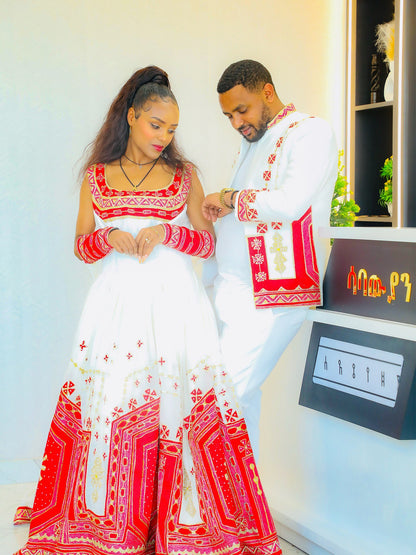 Couple Habesha Kemis And Men's Set Red Embroidered Ethiopian Dress Matching Habesha Outfit 246