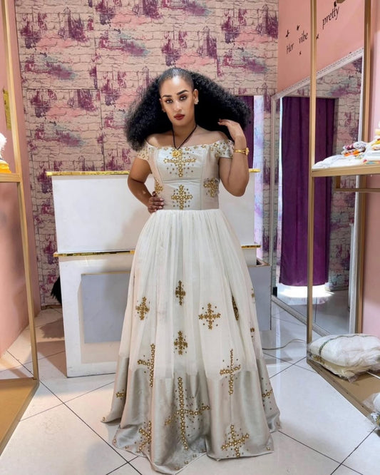 Off-shoulder Habesha Kemis Ethiopian Wedding Dress Beautiful Habesha Dress 406
