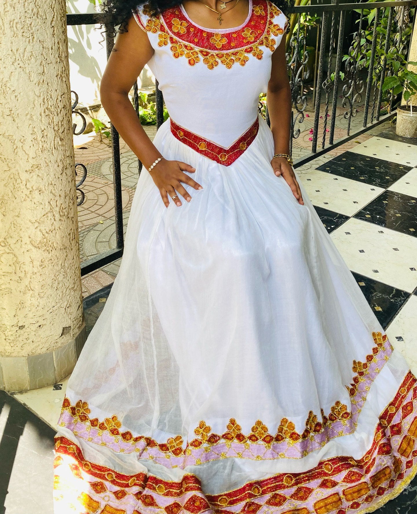 Red And Gold Embroidery Habesha  Classic Habesha Kemis Traditional Ethiopian Dress Style 414
