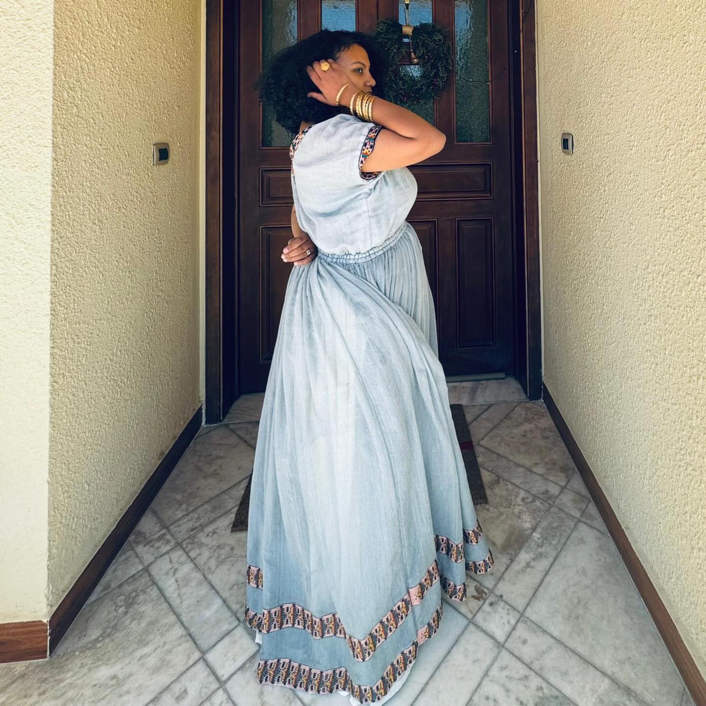 Modern Ethiopian Clothing Elegance Ash Tone Habesha Kemis Short Sleeve Habesha Dress 446