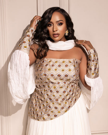 Sleeveless Ethiopian Wedding Dress Golden Embroidery Habesha Kemis Habesha dress For Wedding 495