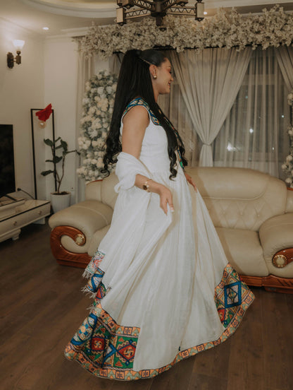 White Ethiopian Traditional Dress Colorful Habesha Kemis  Cultural Woven Habesha Dress 503