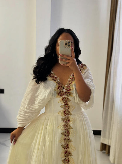 White Habesha Kemis with Golden Embroidery Traditional Ethiopian Dress Style Festive habesha Dress 523