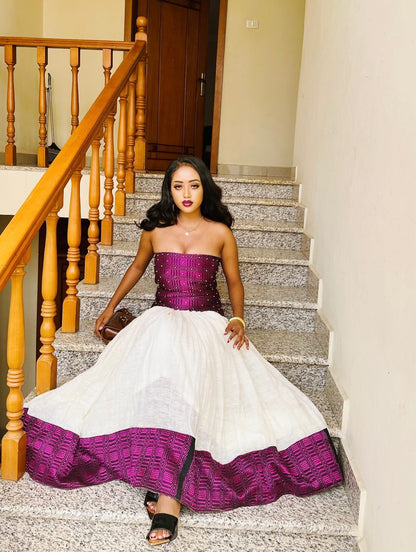 Habesha Dress Style in Purple Habesha Kemis for Cultural Celebrations Strapless Ethiopian Clothing 548