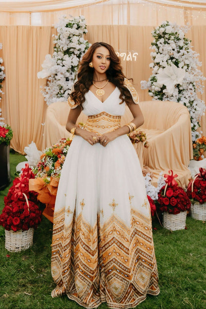 Traditional Ethiopian Wedding Dress Habesha Kemis for Timeless Bridal Celebrations Golden Embroidered Habesha Dress 549