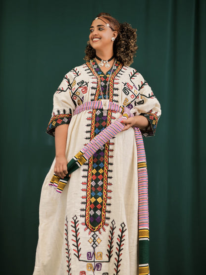 Ivory Habesha Dress Colorful Embroidery Habesha Kemis Timeless Ethiopian Clothing Style 566
