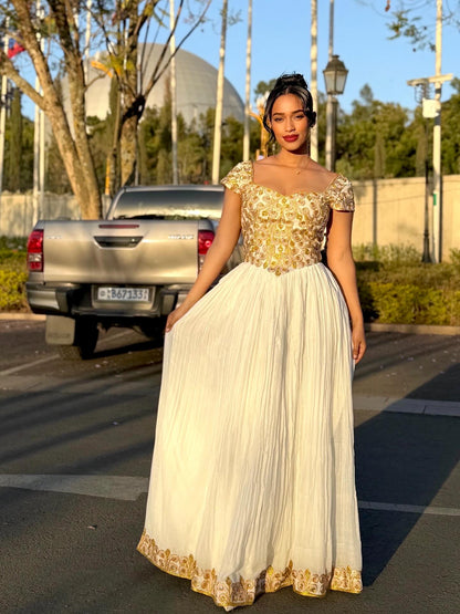 White Habesha Kemis with Gold Embroidered Bodice Habesha Dress For Festive Short Sleeve Ethiopian Dress 573