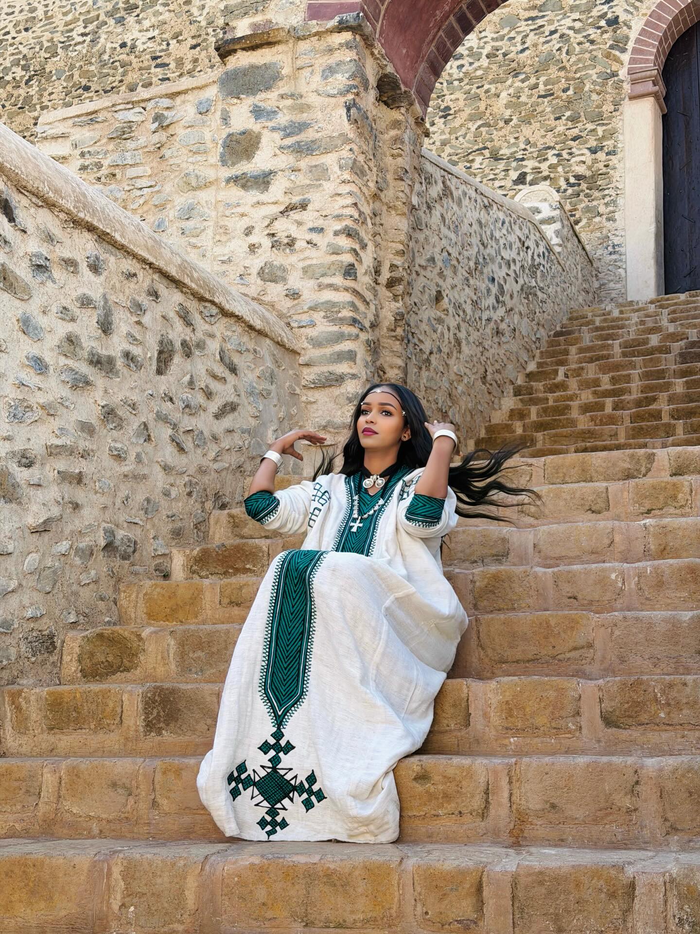 Green Embroidery Habesha Kemis Long Sleeve Habesha Dress Traditional Ethiopian Clothing 590