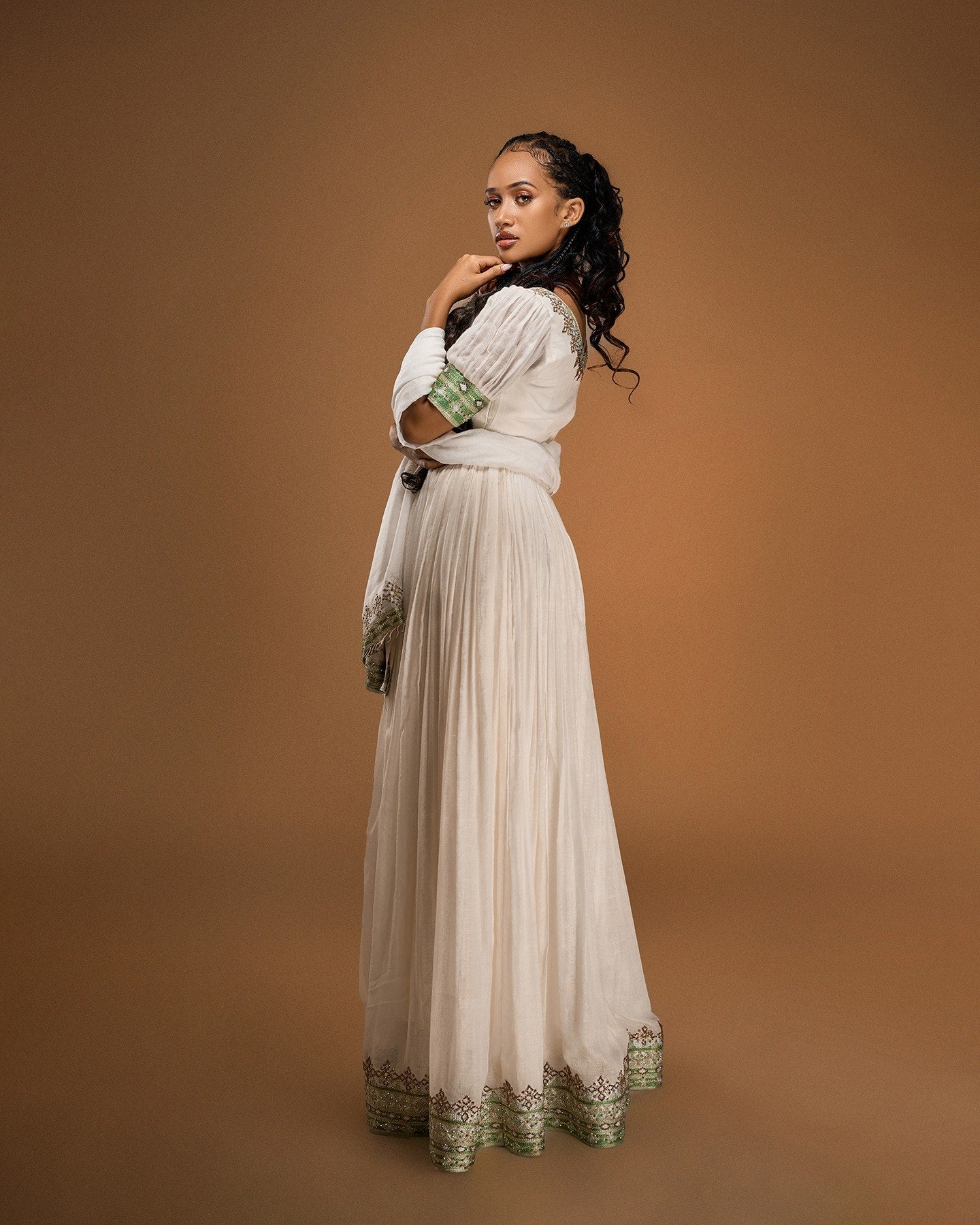 Green Embroidery Habesha Dress Off Shoulder Habesha Kemis Short Sleeve Ethiopian Clothing 635